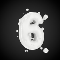 3d number 6. Milk font with drops isolated on black background