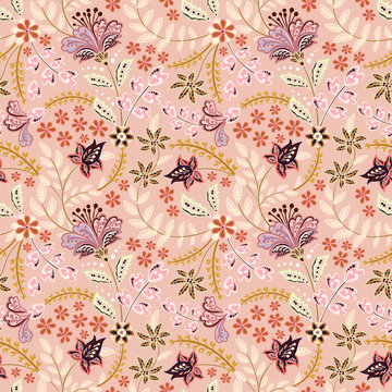 Abstract flowers seamless pattern, floral vector background. Fantasy multicolored flowers in pastel tones on a pink backdrop. For the design of the fabric, wallpaper, wrapper, prints, decoration