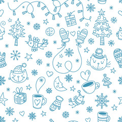 Winter seamless pattern with cute cartoon cats, birds and snowflakes on white  background. Snowy weather. Funny kittens. Animals  in clothes. Vector image. Children's illustration.