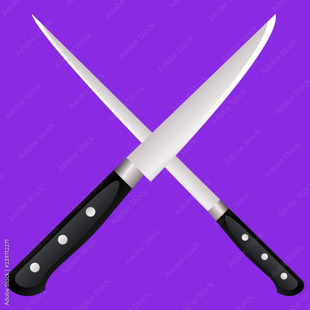 Wall mural two kitchen knives cross on a colored background.