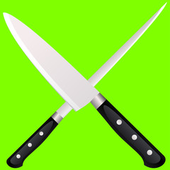 Two kitchen knives cross on a colored background.