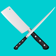 Two kitchen knives cross on a colored background.