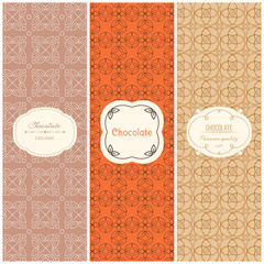 Vector set of design elements and seamless pattern for chocolate and cocoa packaging templates,in trendy linear style. Can be used for label, banner, poster, identity, branding.