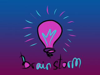 Brainstorm word with lightbulb - blue and pink digital painting of business idea concept