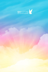 Vertical vector background with realistic pink-blue sky and cumulus clouds. The image can be used to design a banner, flyer and postcard.