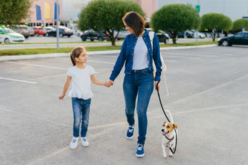 Photo of happy daughter and mother have outdoor stroll against city background, walk their dog, keep hands together, spend weekend together, enjoy spare time. Family, animals and leisure concept