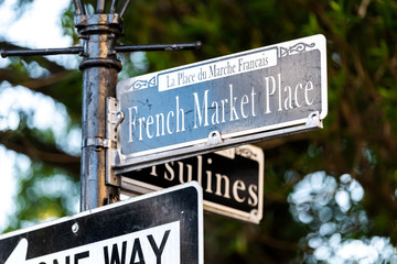 New Orleans, USA French Market Place street intersection sign in Louisiana town, city, nobody, text...