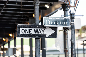 New Orleans, USA Decatur street intersection sign in Louisiana town, city, nobody, French Quarter,...
