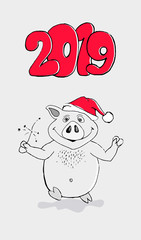 Vector illustration, Happy New Year 2019 funny card design with cartoon pig print. Merry Christmas