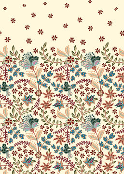 Floral vintage seamless pattern. Retro plants style. Vertical decorative flowers. Vector background