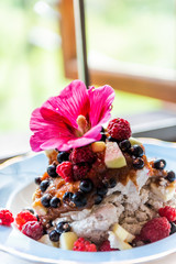 Homemade raw vegan ice cream from nuts and fruits fresh from garden on plate window sill, syrup topping, pink red malva vibrant flower, raspberries