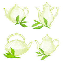 Teapots and tea green leaves set