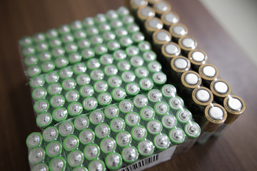 Closeup of pile of used alkaline batteries. Close up colorful rows of selection of AA batteries energy abstract background of colorful batteries.