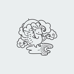 Hedgehog with an umbrella under the rainy cloud on puddle. Line image vector illustration for nursery art