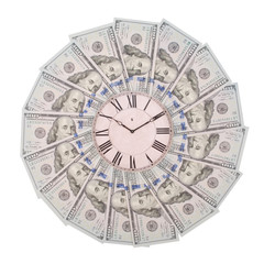 Ñoncept of clock and dollar. Clock on mandala kaleidoscope from money. Abstract money background...