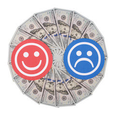 Red and blue smile faces on mandala kaleidoscope from money.