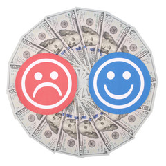 Red and blue smile faces on mandala kaleidoscope from money.