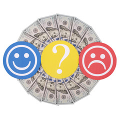 Question mark between smiley and sad smiley on mandala kaleidoscope from money.