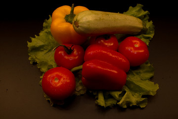 fresh vegetables, fresh fruits, tomatoes, salads, bell peppers, sweet peppers, set, vegetable group, fruit group