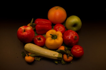 fresh vegetables, fresh fruits, tomatoes, salads, bell peppers, sweet peppers, set, vegetable group, fruit group