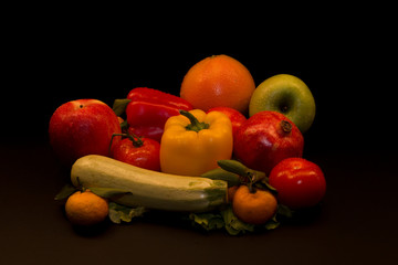 fresh vegetables, fresh fruits, tomatoes, salads, bell peppers, sweet peppers, set, vegetable group, fruit group