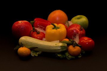 fresh vegetables, fresh fruits, tomatoes, salads, bell peppers, sweet peppers, set, vegetable group, fruit group