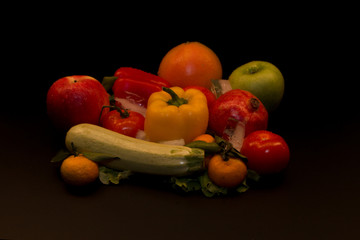 fresh vegetables, fresh fruits, tomatoes, salads, bell peppers, sweet peppers, set, vegetable group, fruit group