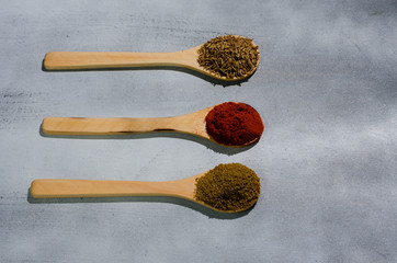 especias gourmet típicas en cucharas de maderas