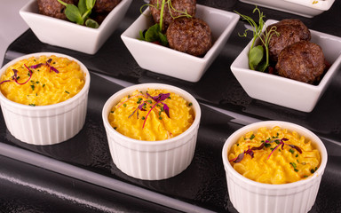 Potatoes, puree, onions, greens, meat, balls, quenelles