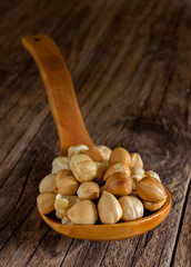 peeled hazelnuts on wooden spoon