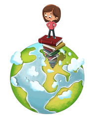 Niña sobre montón de libro con el planeta tierra © malosdedos