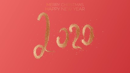 Merry Christmas, Happy New Year, 2020. Text golden with bright sparkles on red chinese color background