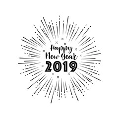 Happy 2019 New Year. Hand drawn Holiday Vector Illustration With Lettering Composition And Burst. Vintage festive label style.