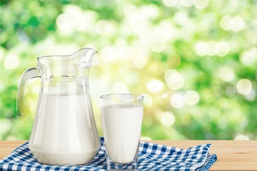 Glass of milk and bottle on  background
