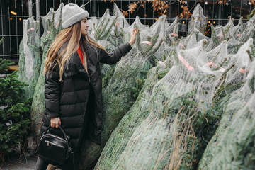 Pretty girl wear black, looking for perfect Christmas tree to buy on the tree shop, outdoor. Girl using hand for check the quality, copy space