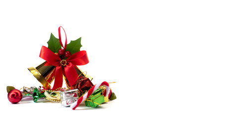 Christmas decoration items with small elements. flat lay decoration isolated on white background. Attributes of the New Year.