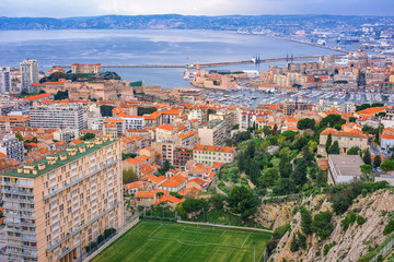 Fototapeta na wymiar Aerial View of Marseille City and its Harbor, France