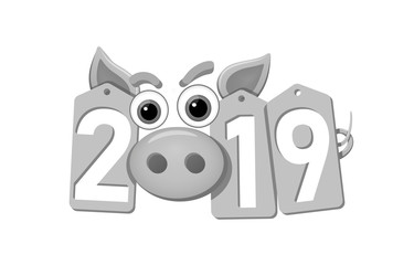 Happy New Year background. Pig face, silver sale tags. 2019 flat numbers. Piggy snout. Chinese design decoration, celebration card, Christmas discount. Cartoon piglet nose. Vector Illustration