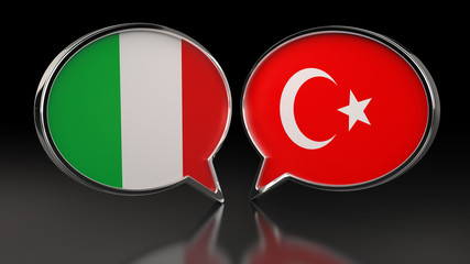 Italy and Turkey flags with Speech Bubbles. 3D illustration