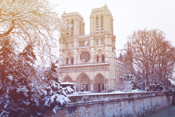 Notre-Dame Cathedral after snowfall in Paris, France