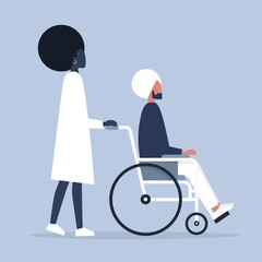 Care and assistance. Young disabled male character sitting in a wheelchair. Disability. Daily life. Flat editable vector illustration, clip art
