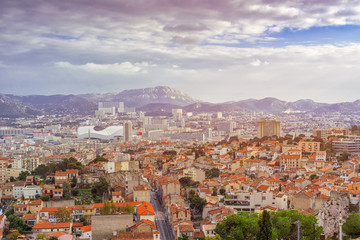 Aerial View at dawn on the Marseille City, France