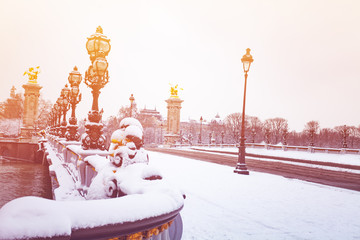 Pont Alexandre III under snow, Paris, France