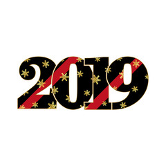 Happy new year card. Black red number 2019 with gold snowflakes, isolated white background. Golden texture. Bright design for holiday celebration, greeting text, Christmas banner. Vector illustration