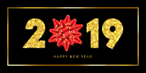 Fototapeta na wymiar Happy New year card. 3D gift ribbon bow, gold number 2019 isolated black background. Golden texture Christmas glitter design. Holiday celebration, decoration, greeting banner. Vector illustration