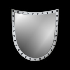 Silver shield shape icon. 3D gray emblem sign isolated on black background. Symbol of security, power, protection. Badge shape shield graphic design. Vector illustration