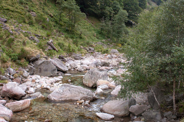 Water Fall and Small River in the Swiss Alps during Cloudy Day