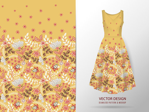 Seamless vertical fantasy flowers border pattern. Hand draw floral background on dress mockup. Vector. Traditional eastern pattern for textiles, wallpapers, decor etc. Yellow