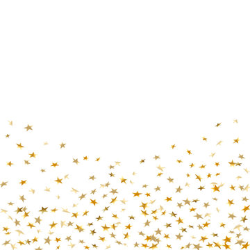 Gold stars falling confetti isolated on white background. Golden abstract random pattern Christmas card, New Year holiday. Shiny confetti paper star. Glitter explosion on floor. Vector illustration