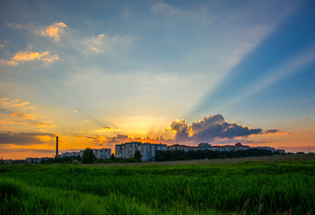 Sunset over the village on the outskirts of Donetsk in Donbass